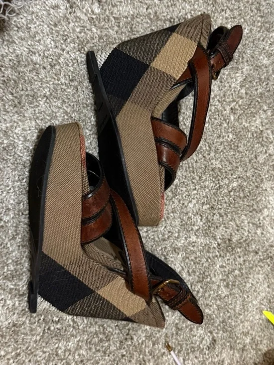 Burberry Tan, Brown and Black Canvas Slingback Wedges - Picture 1 of 7